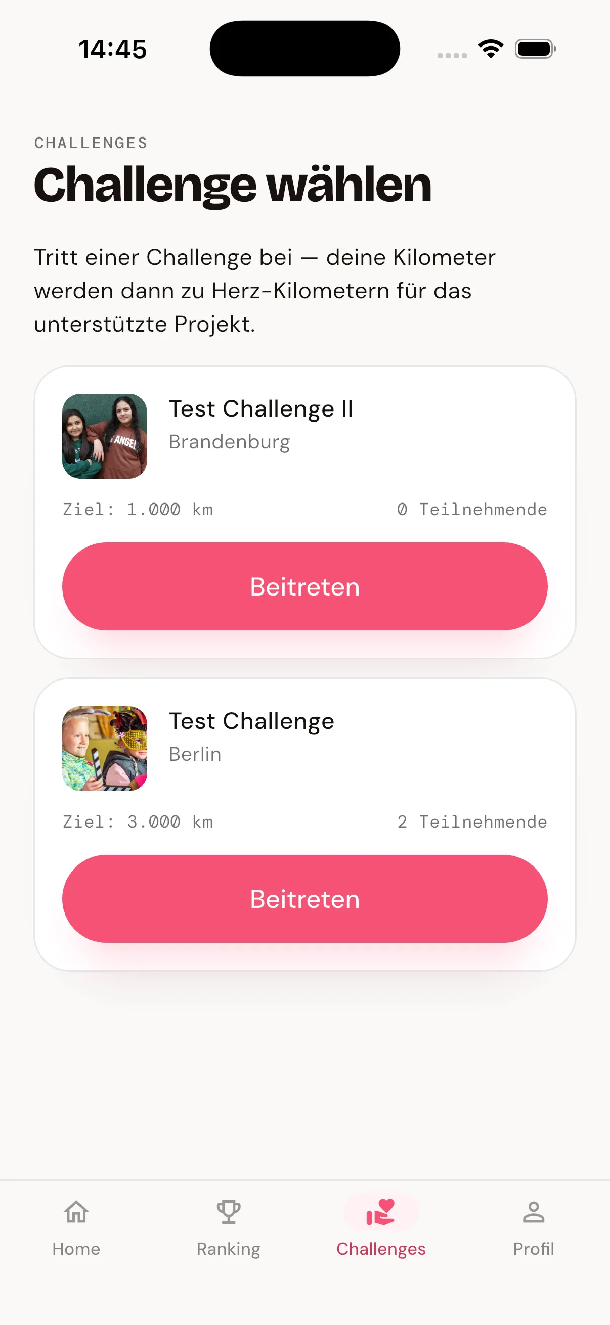 Challenge picker in the Herz-Kilometer app