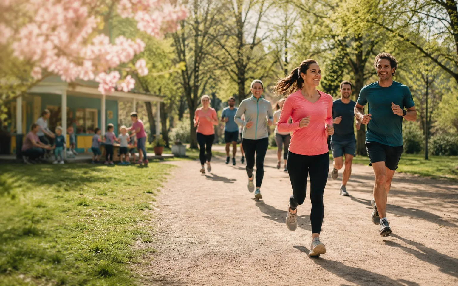 Running group on a park path in spring, a children’s project in the background