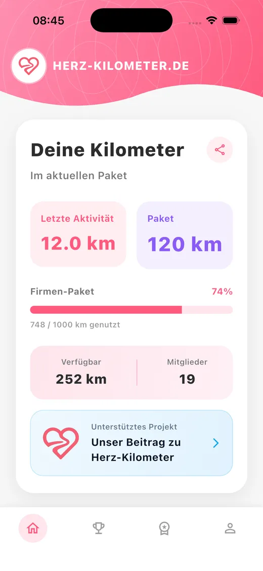 Herz-Kilometer App: Personal kilometer tracking and package progress