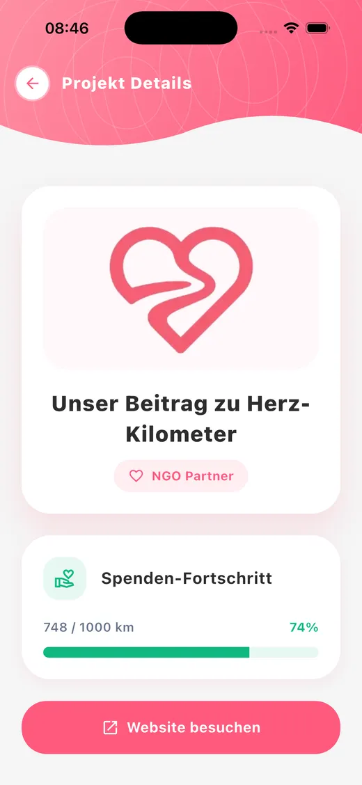 Herz-Kilometer App: NGO project and donation progress