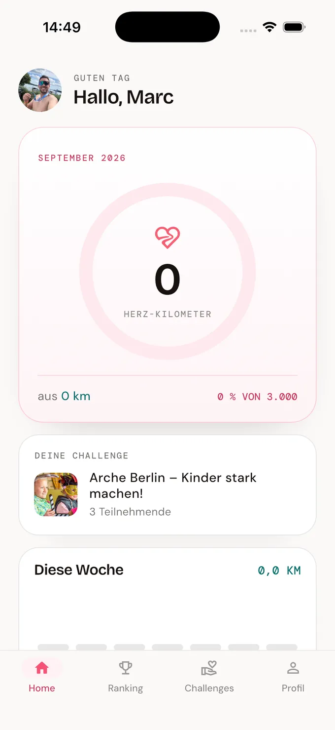 The Herz-Kilometer app showing the heart kilometer ring