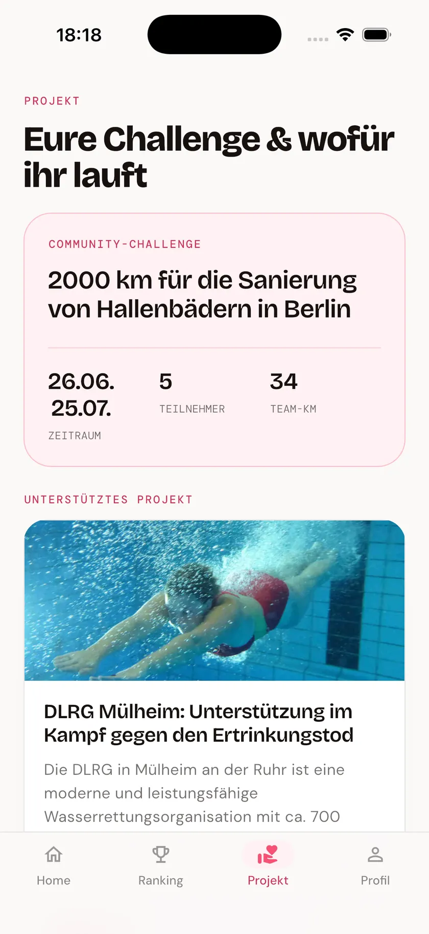 App: supported project and donation total